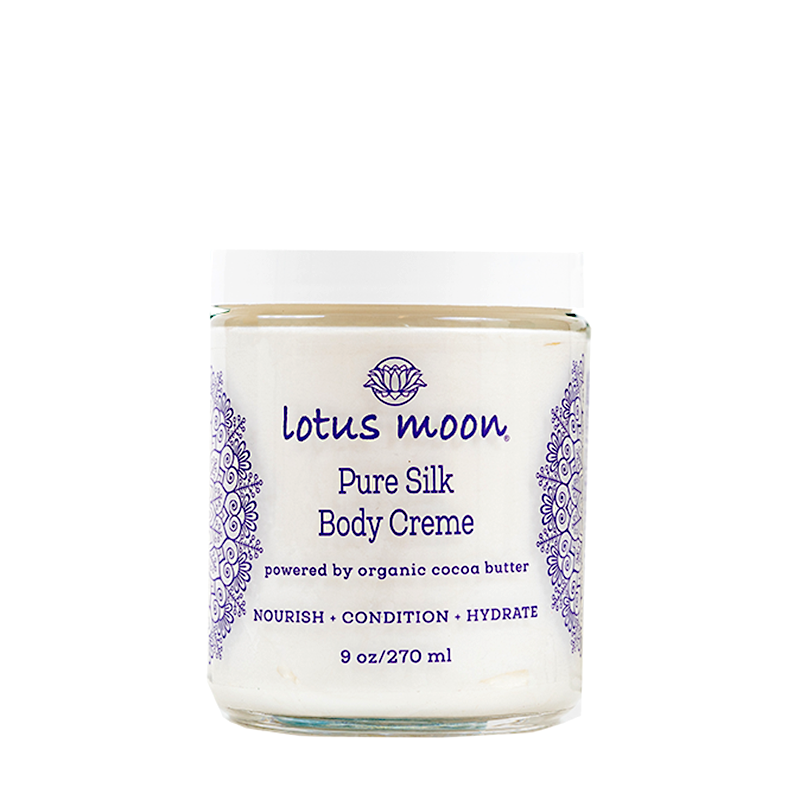 An all natural body moisturizer crafted from a blend of cocoa butter and botanical oils. The Pure Silk Body Creme glides on like silk for a magical moment of self care. Packaged in a glass jar, this supercharged formula works to restore dull, dry, and irritable skin to a healthier and more balanced state.